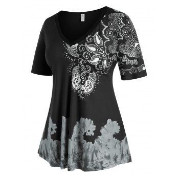 

Plus Size V Neck Printed Tunic T Shirt, Black