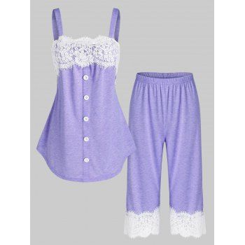 

Flower Lace Insert Heathered Pajama Set, Purple