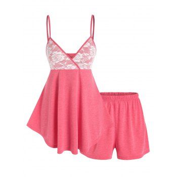 

Lace Panel Low Cut Shorts Lounge Set, Light pink