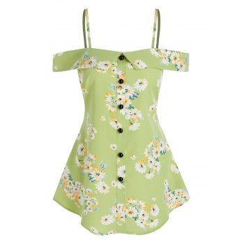 

Flower Printed Spaghetti Strap Cold Shoulder Blouse, Light green