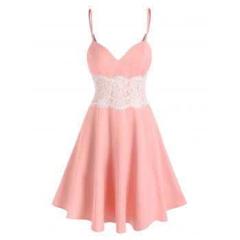 

Flower Lace Panel A Line Mini Dress Party Sleeveless V Neck Strappy Cami Dress, Light pink