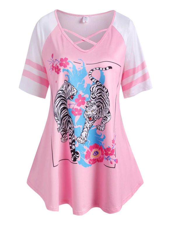 T-shirt Tunique Croisé à Imprimé Tigre Floral Grande Taille - Rose clair 2X