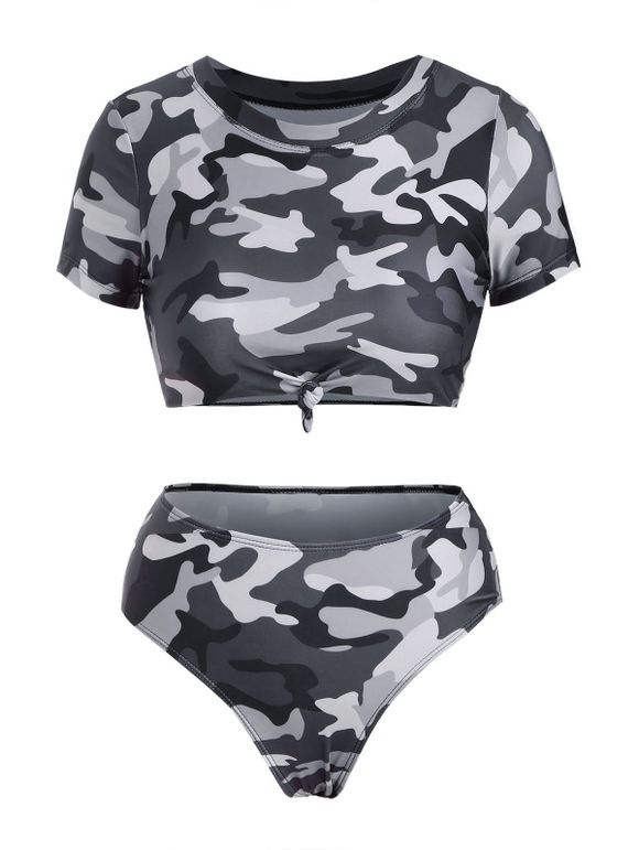 Maillot de Bain Bikini Court Camouflage Noué à Taille Haute - Gris Foncé S