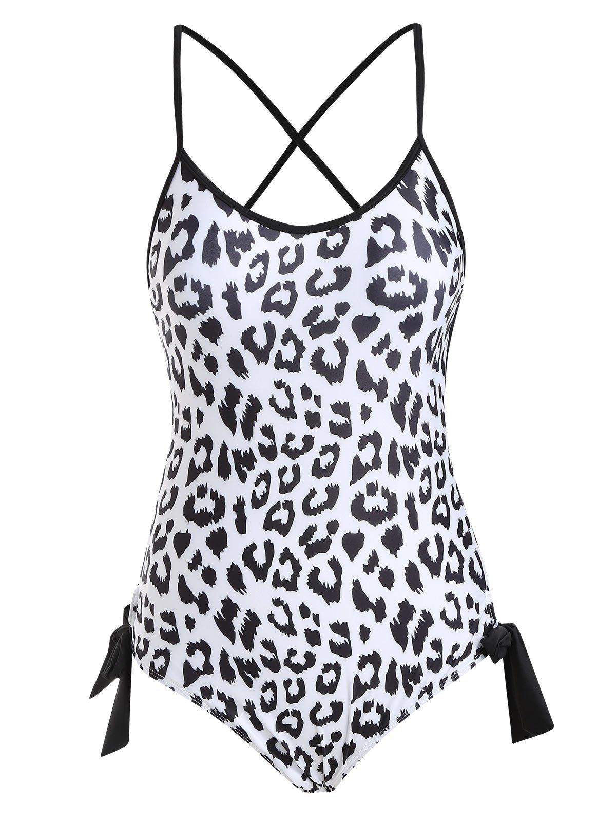Tie Side Criss Cross Leopard One-piece Swimsuit - BLACK M