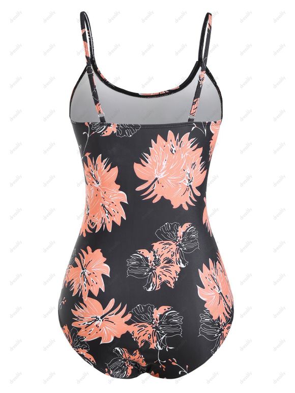 Maillot de Bain à Bretelle à Imprimé Feuille en Maille Insérée Une-Pièce - Rose clair S