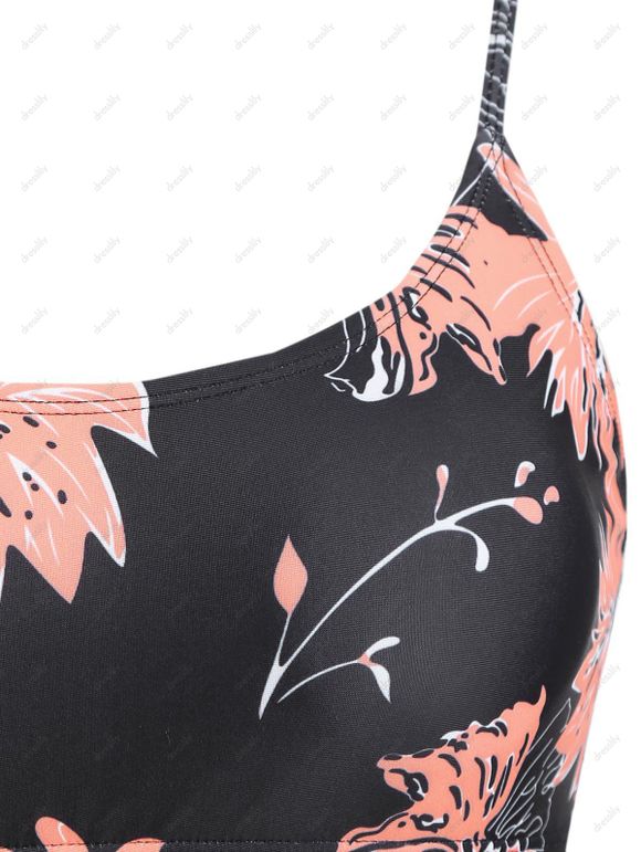 Maillot de Bain à Bretelle à Imprimé Feuille en Maille Insérée Une-Pièce - Rose clair S