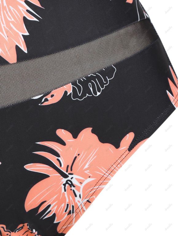 Maillot de Bain à Bretelle à Imprimé Feuille en Maille Insérée Une-Pièce - Rose clair S