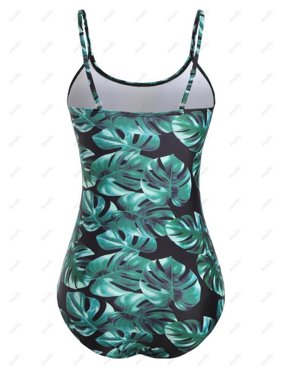Maillot de Bain à Bretelle à Imprimé Feuille en Maille Insérée Une-Pièce - Vert S