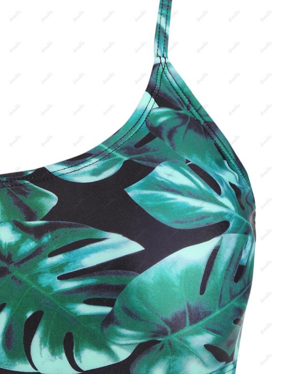 Maillot de Bain à Bretelle à Imprimé Feuille en Maille Insérée Une-Pièce - Vert S