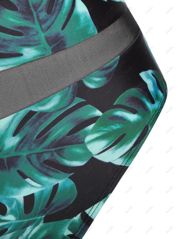 Maillot de Bain à Bretelle à Imprimé Feuille en Maille Insérée Une-Pièce - Vert S