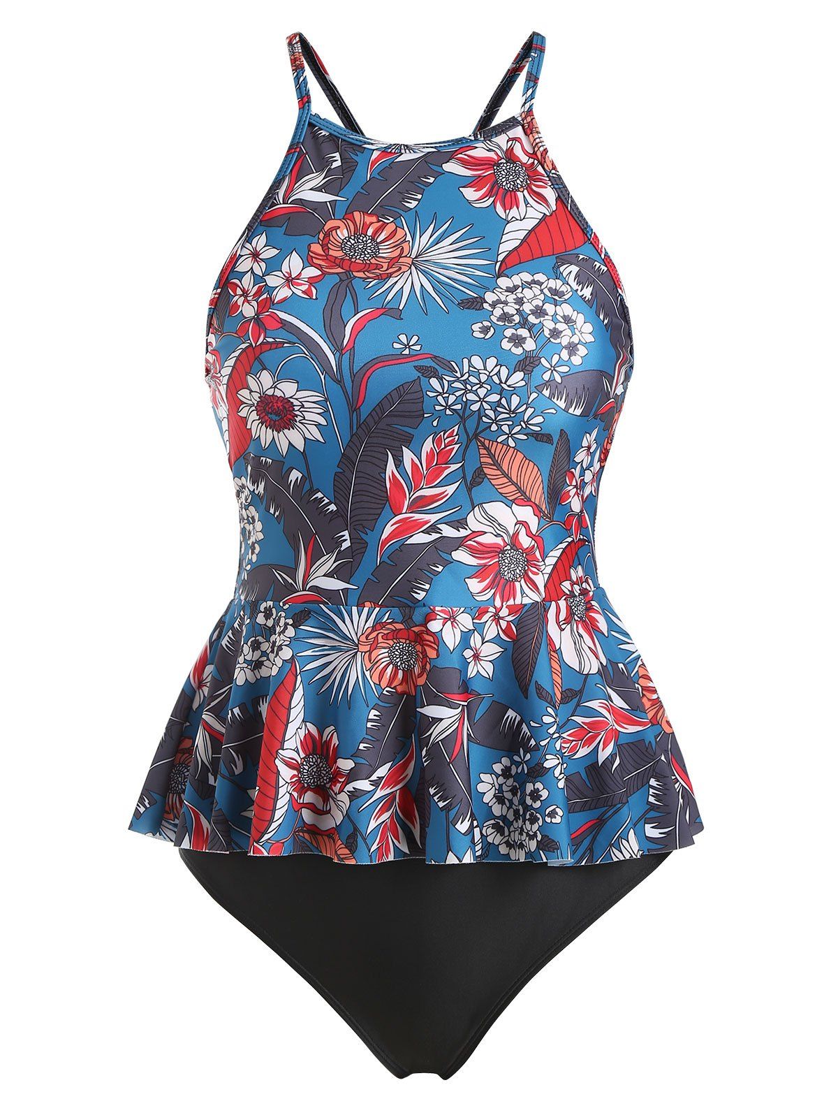 Flower Criss Cross Peplum Tankini Swimwear - multicolor XXL