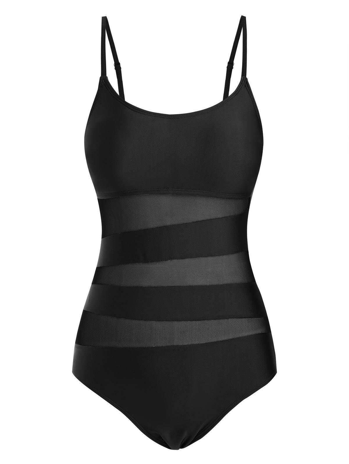 Cami Mesh Insert Plain One-piece Swimsuit - BLACK S