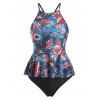 Flower Criss Cross Peplum Tankini Swimwear - multicolor XXL