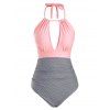 Vacation One-piece Swimsuit Ruched Keyhole Cut Out Striped Print Plunge Halter Swimwear - LIGHT PINK L