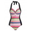 Rainbow Ruched Halter Backless One-piece Swimsuit - multicolor S