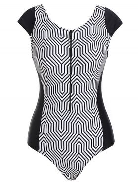 Half Zip Geometric Stripes One-piece Swimsuit