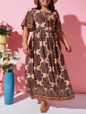 Ethnic Printed Lace Up Flutter Sleeve Plus Size Dress