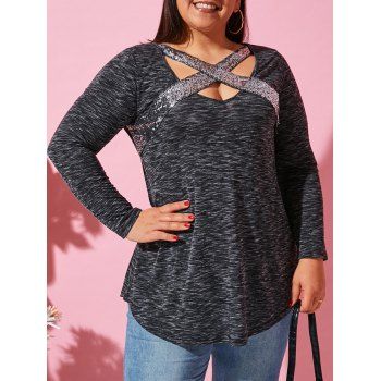 

Plus Size Sequined Cross Space Dye Long Sleeve Tee, Dark slate grey