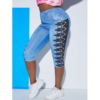 

3D Lace Printed Plus Size Capri Jeggings, Blue