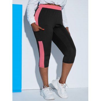 

Side Pocket Colorblock Plus Size Sports Capri Leggings, Light pink