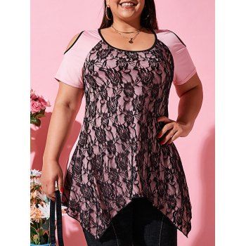 

Lace Panel Open Shoulder Handkerchief Plus Size Top, Light pink