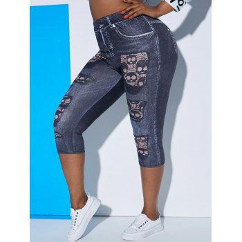 

Plus Size 3D Skull Jean Print Cropped Jeggings, Dark gray