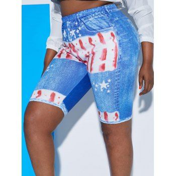 

Plus Size 3D Print Distressed American Flag Bike Shorts, Blue