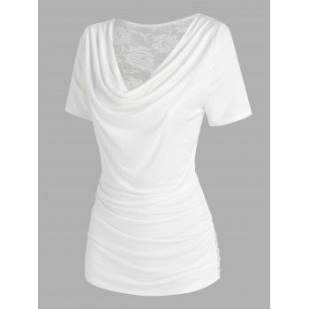 Lace Panel Cowl Neck Ruched T Shirt