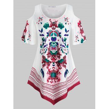 

Plus Size Cold Shoulder Floral Print Asymmetric Tee, White