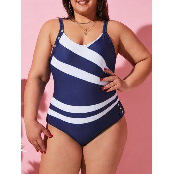 

Plus Size Striped Star Pattern One-Piece Swimsuit, Blue