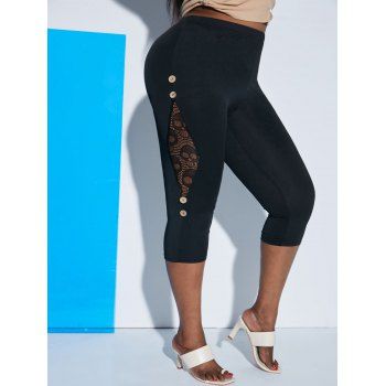 

Plus Size Lace Insert Buttoned Capri Leggings, Black
