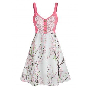 

Buttons Lace Floral Printed Flare Dress, White