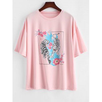 

Plus Size Tiger Floral Print T-shirt, Light pink
