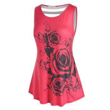 

Plus Size Rose Print Ladder Cutout Swing Tank Top, Red