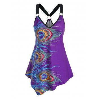 

Plus Size Asymmetric Peacock Feathers Pattern Tank Top, Purple
