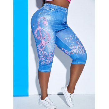 

Plus Size Musical Notes Print Cropped Jeggings, Blue
