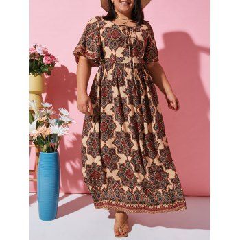 

Ethnic Printed Lace Up Flutter Sleeve Plus Size Dress, Coffee