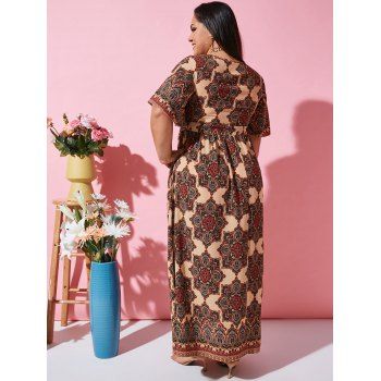 Ethnic Printed Lace Up Flutter Sleeve Plus Size Dress