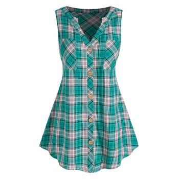 

Plus Size Pockets Plaid Sleeveless Blouse, Green