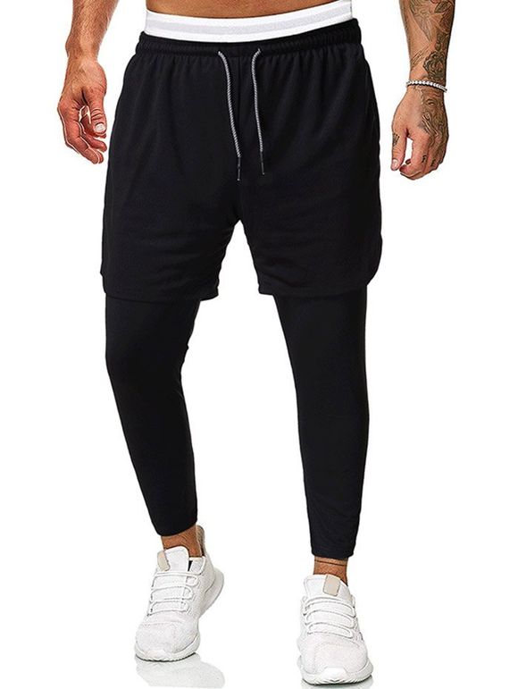 2 en 1 Pantalon de Sport Capri Superposé à Cordon - Noir XL