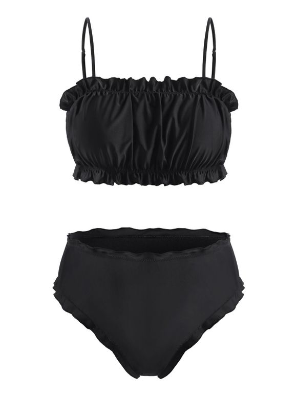 Maillot de Bain Bikini Simple à Bretelle de Grande Taille à Volants - Noir 4XL