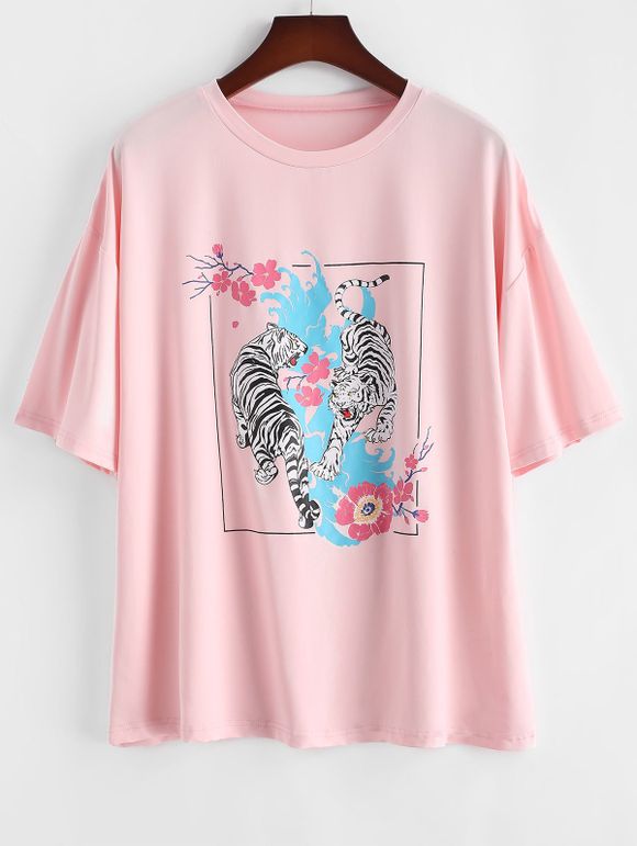T-shirt Imprimé à Tigre Floral Grande Taille - Rose clair XL
