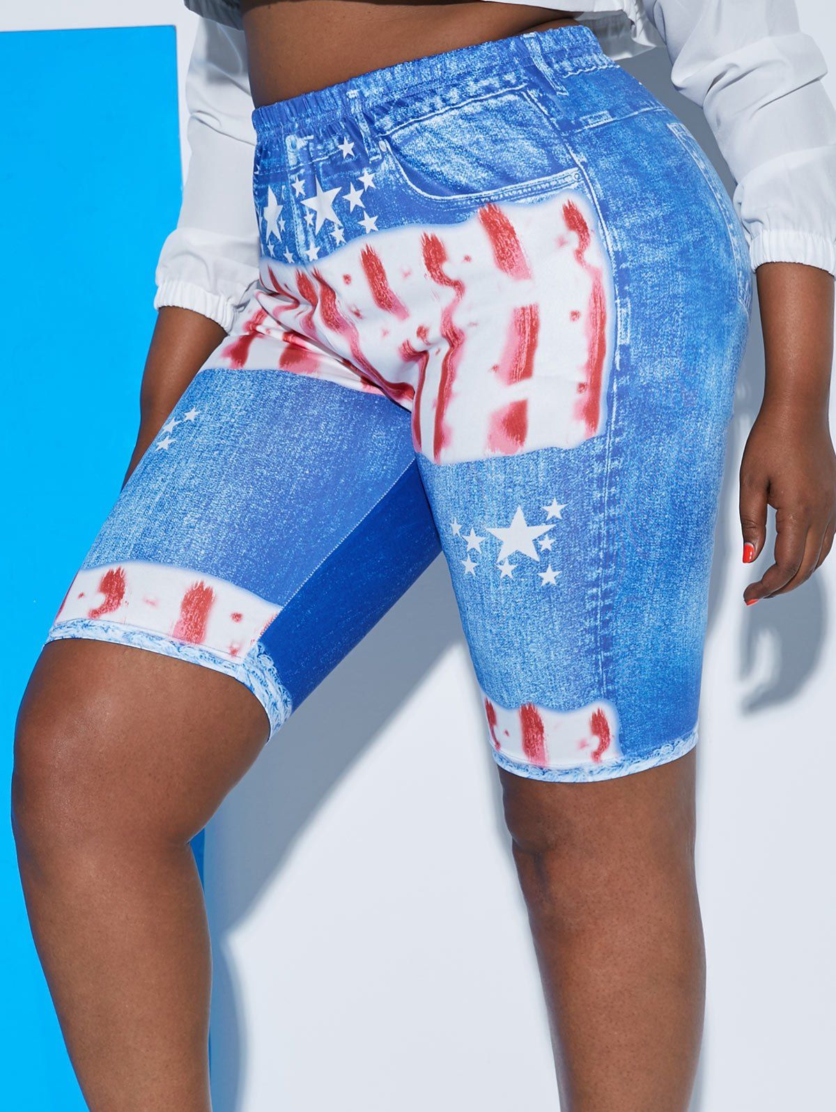 Plus Size 3D Print Distressed American Flag Bike Shorts - BLUE 5X