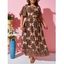 Ethnic Printed Lace Up Flutter Sleeve Plus Size Dress - COFFEE 3X