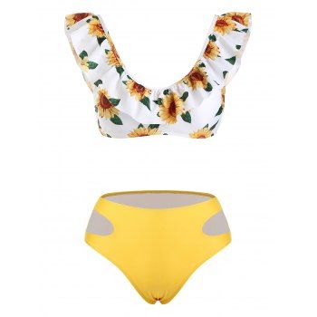 

Sunflower Cut Out Ruffles High Waisted Bikini Swimwear, Yellow