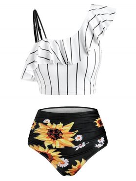 Sunflower Tummy Control Tankini Swimsuit Flounce Striped Ruched Swimwear Set