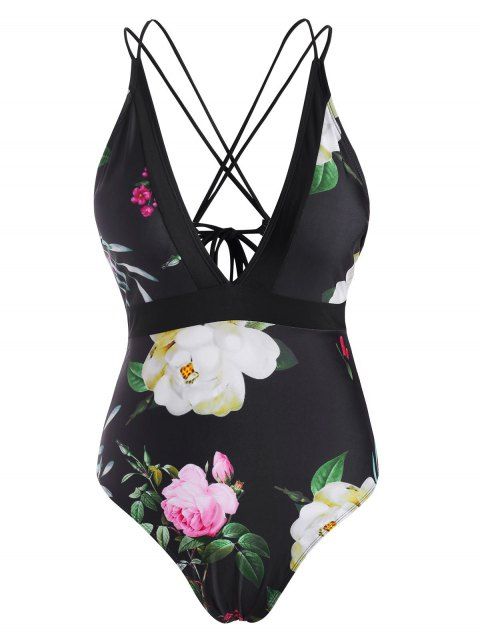 Strappy Lace Up Criss Cross Floral One-piece Swimsuit