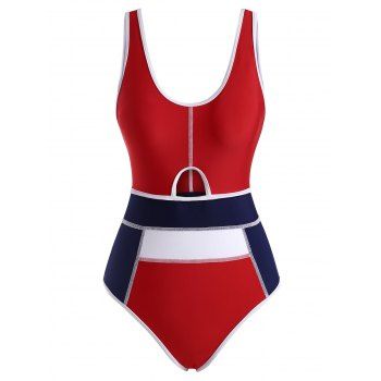 

Binding Color Blocking High Cut Topstitch One-piece Swimsuit, Multicolor