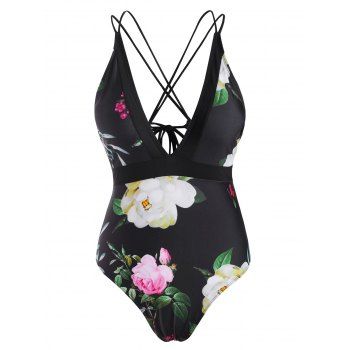 Strappy Lace Up Criss Cross Floral One-piece Swimsuit