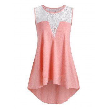 

Plus Size Lace Sheer Yoke Overlap Long Tank Top, Light pink